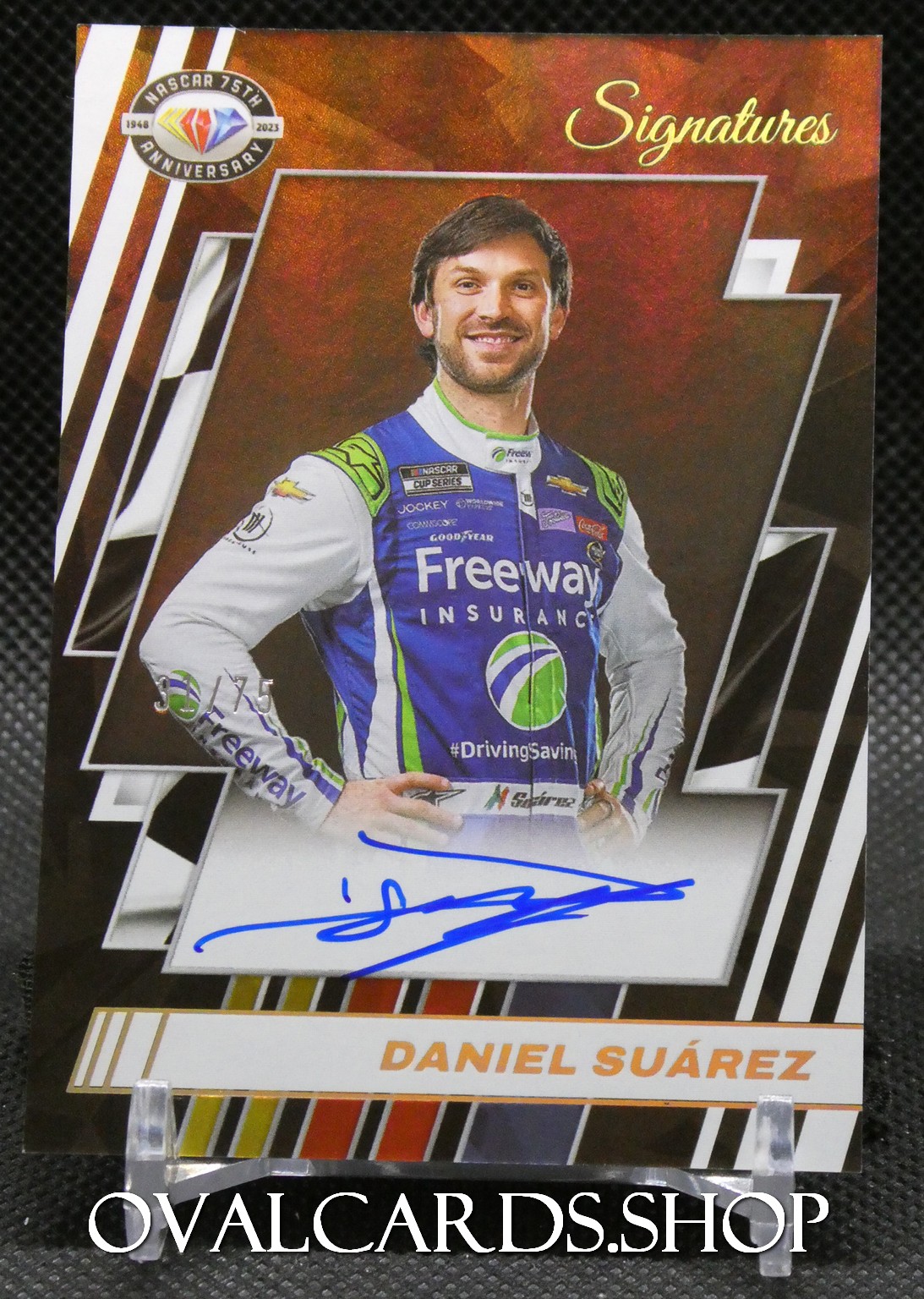 Autographed Daniel Suárez NASCAR Signatures trading card with blue signature